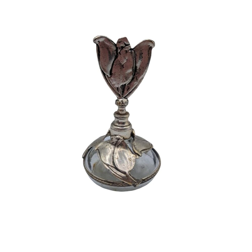 Vintage Silver-Plated Floral Tulip Perfume Bottle With Glass Dropper 6" Tall Ele - Picture 7 of 12